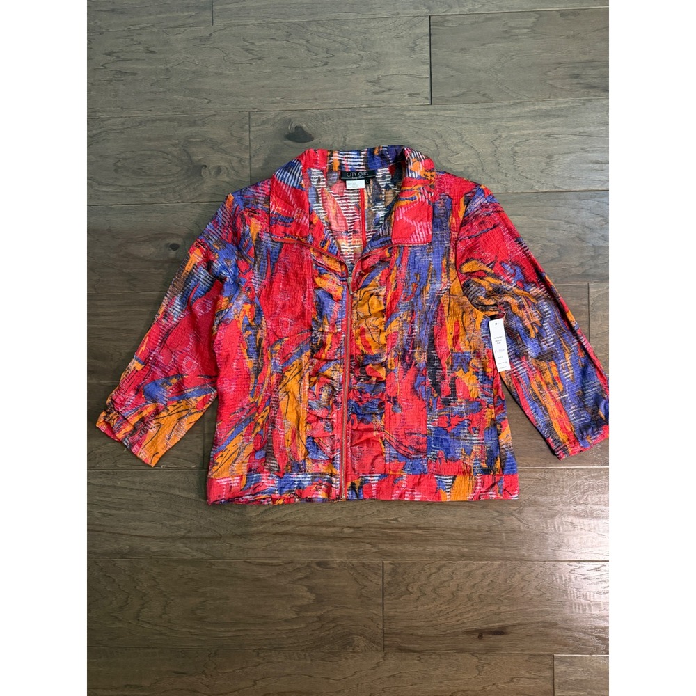 City Girl Nancy Bolen Womens Red Blue Abstract Zip Up Jacket‎ Ruffle Size L NWT